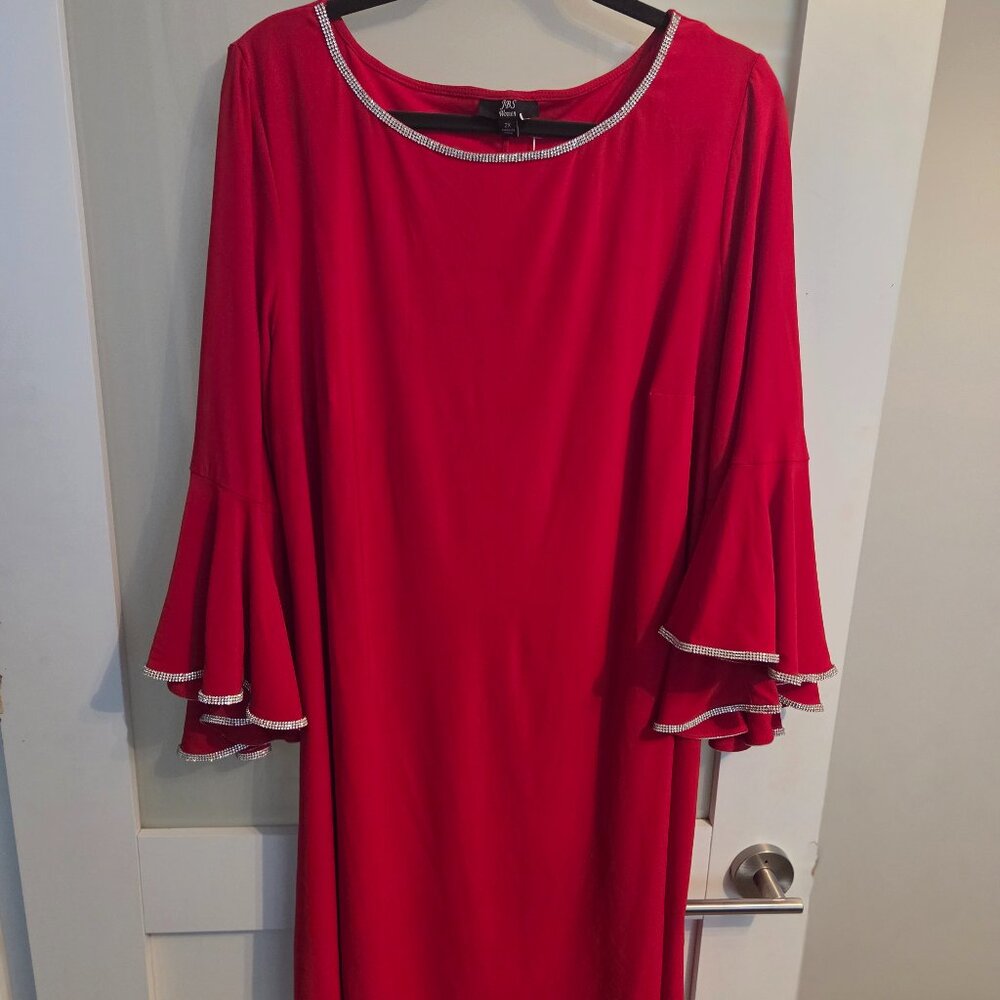 JBS Women Red Bell Sleeve Dress w/ Jeweled Trim (Plus Size 2X) + Holiday/Party